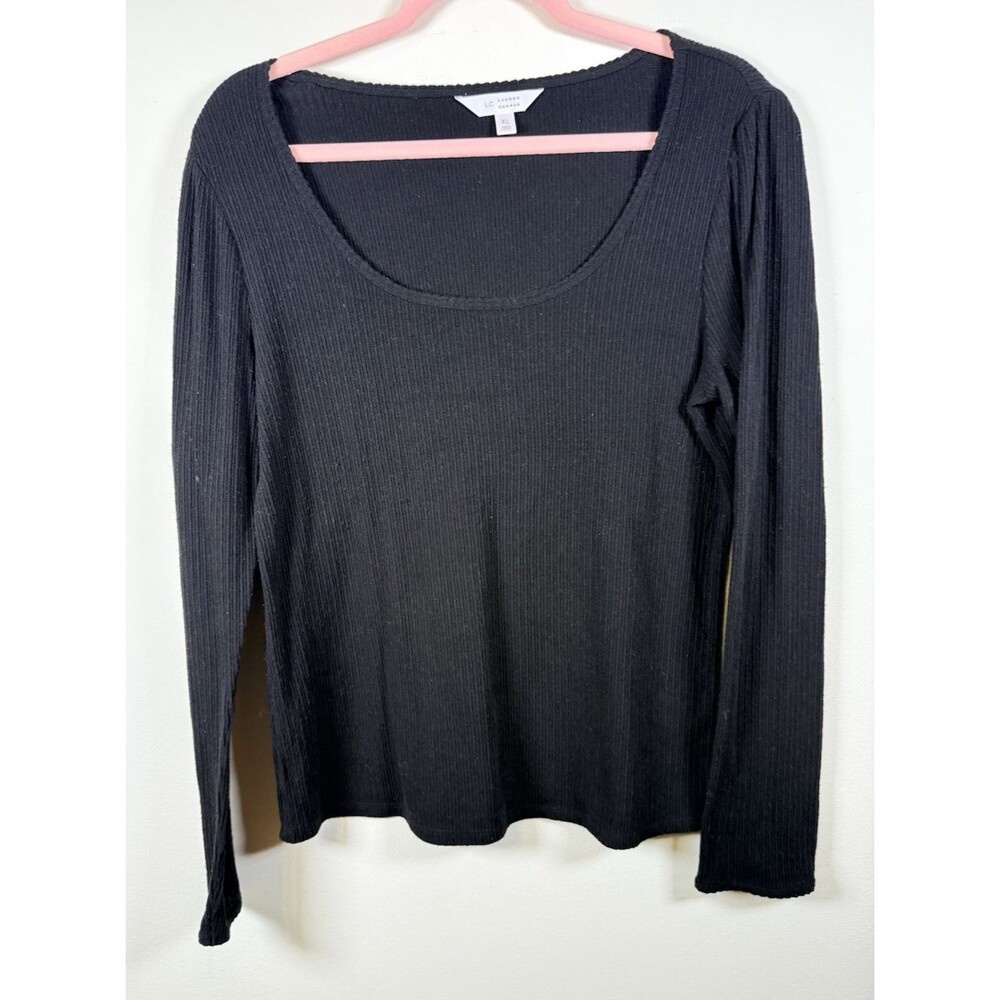 LC Lauren Conrad Womens Black Ribbed Knit Scoop Neck Stretch Pullover Top XL